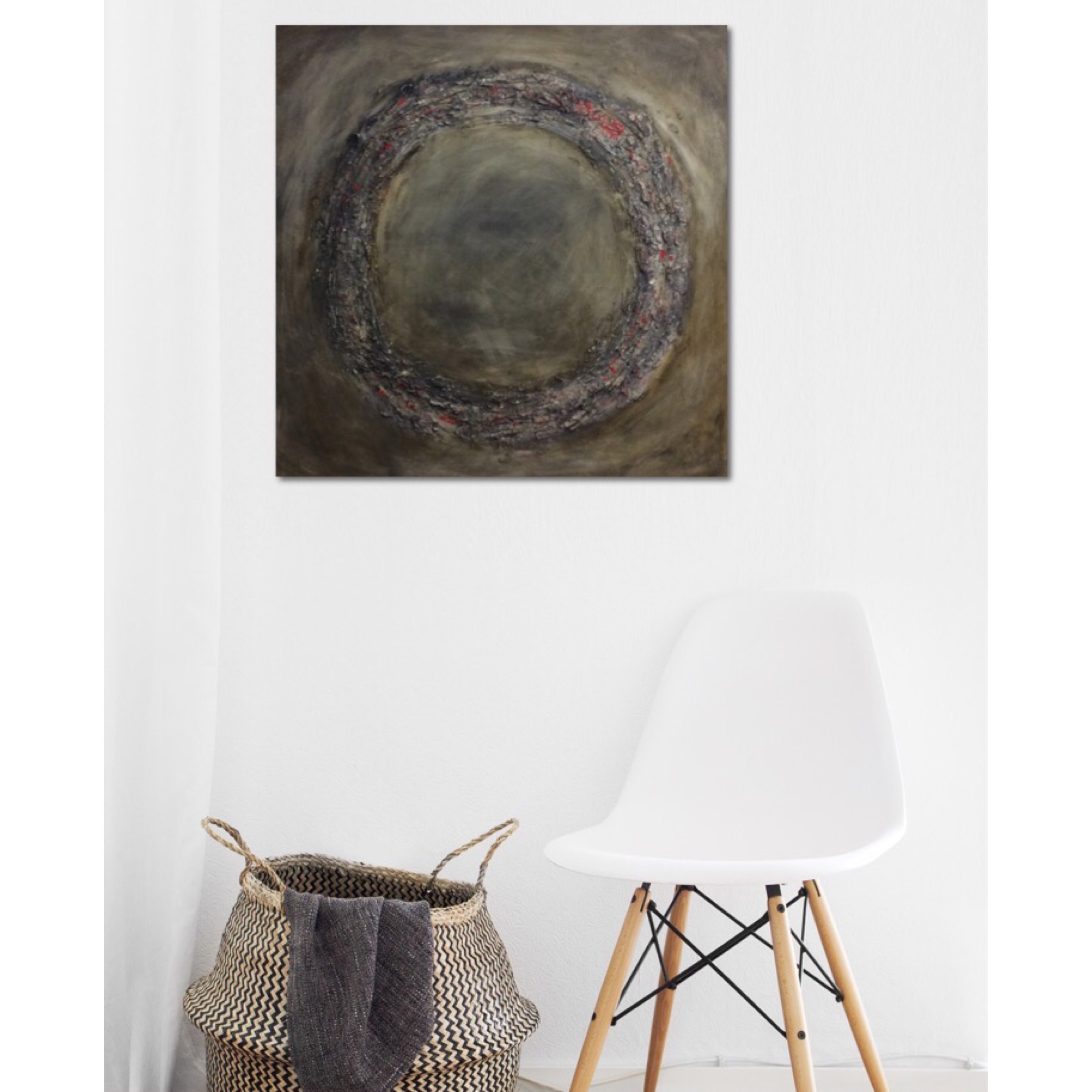 Interior design: Square textured abstract painting in neutral colors and a dash of red