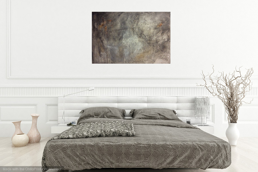 Interior design: Abstract textured painting in grey and a touch of orange