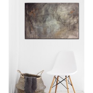 Interior design: Abstract textured painting in grey and a touch of orange