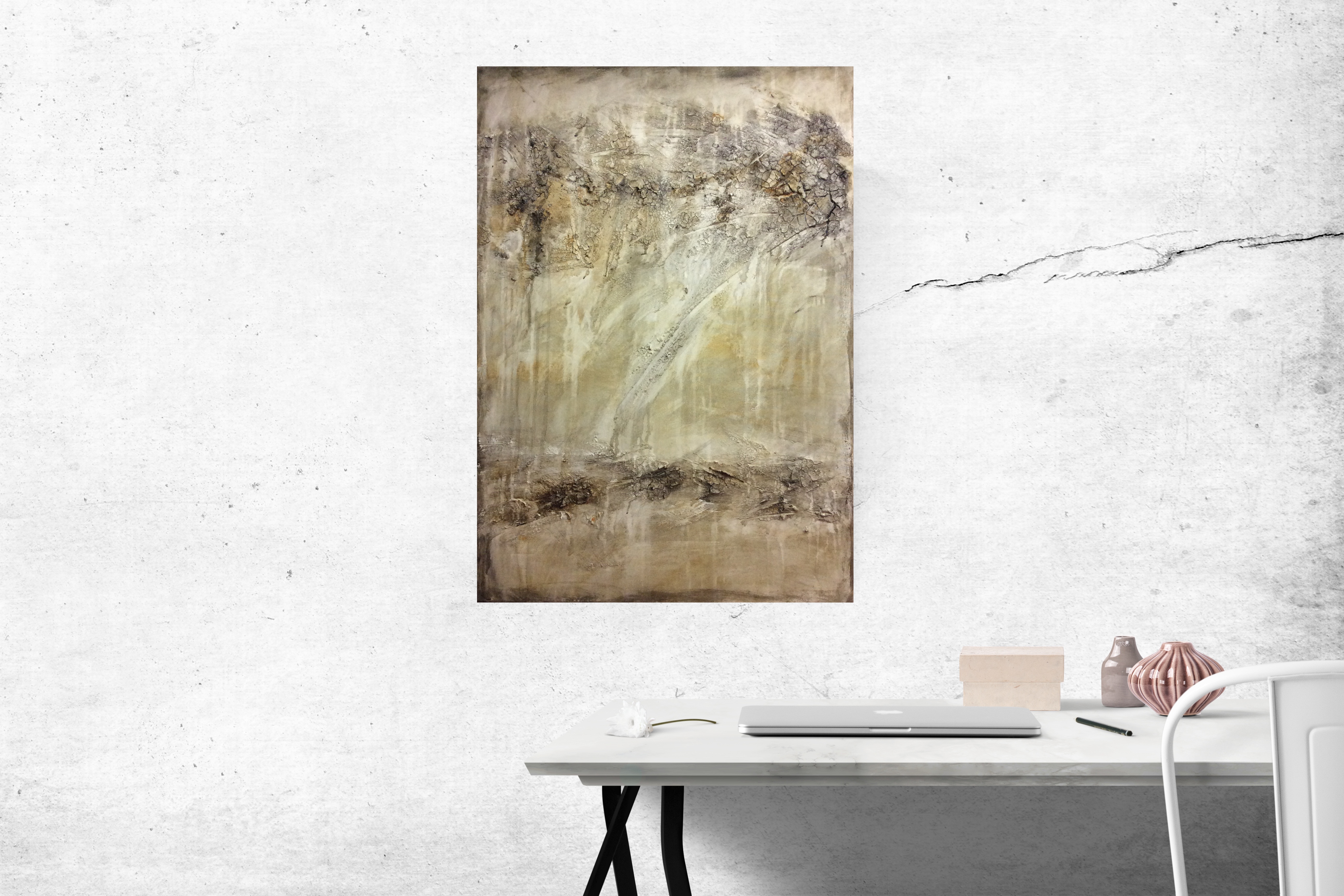 Interieur: Abstract schilderij met textuur in lichte kleuren