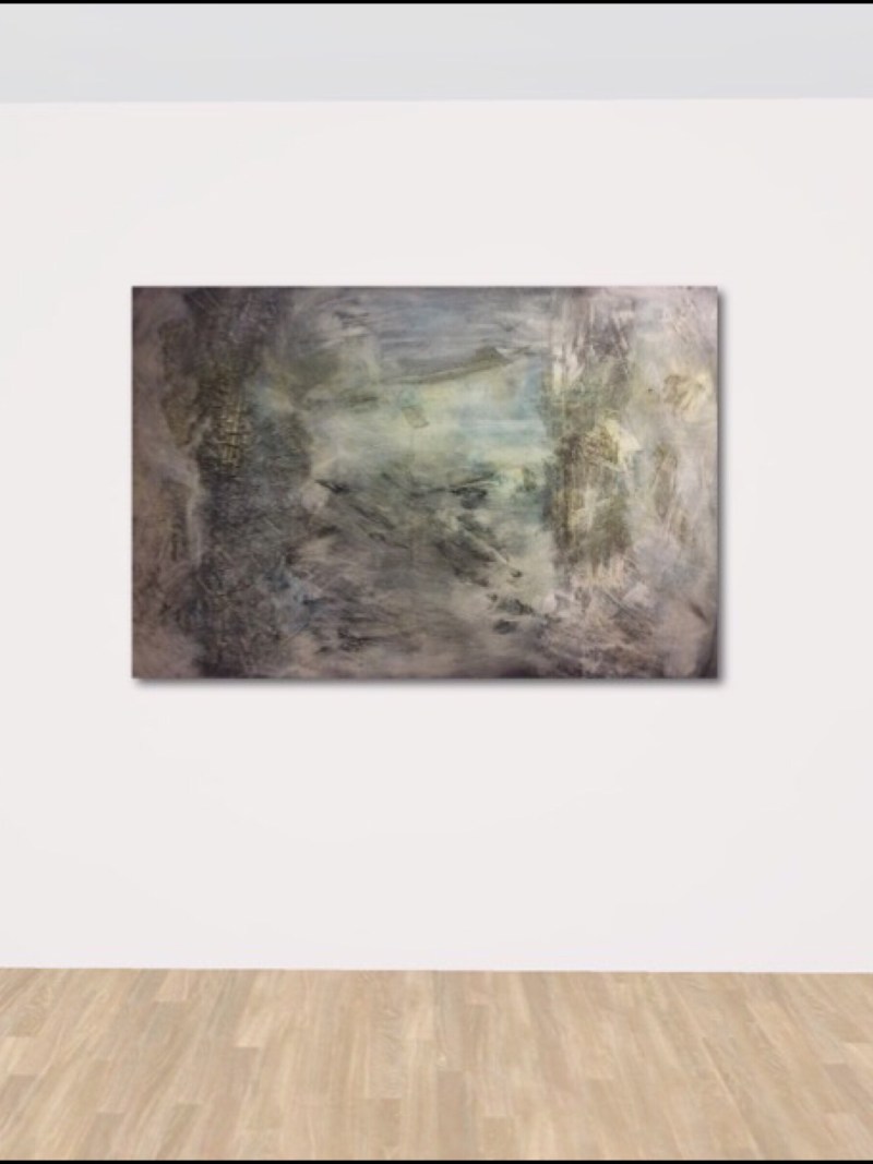 Interior design: Textured abstract painting in grey and a touch of blue