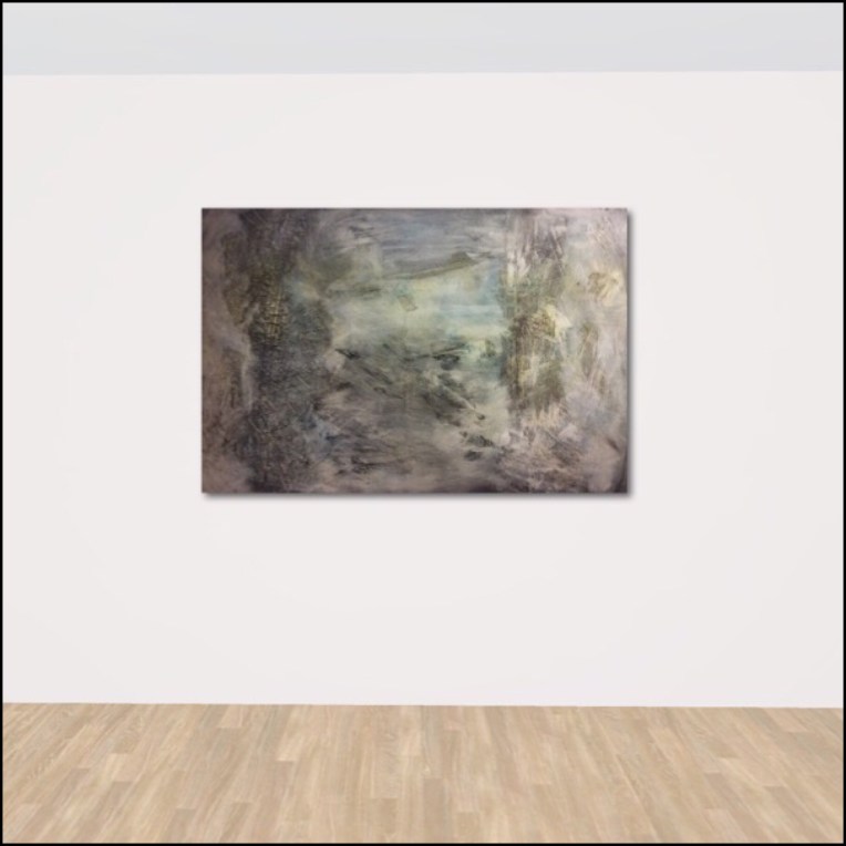 Interior design: Textured abstract painting in grey and a touch of blue