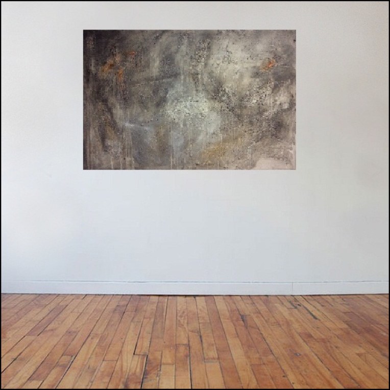 Interior design: Textured abstract painting in grey and a touch of orange